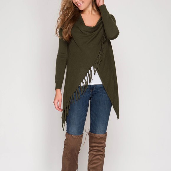 Last one!! Olive Fringe Wrap Sweater - Picture 1 of 5